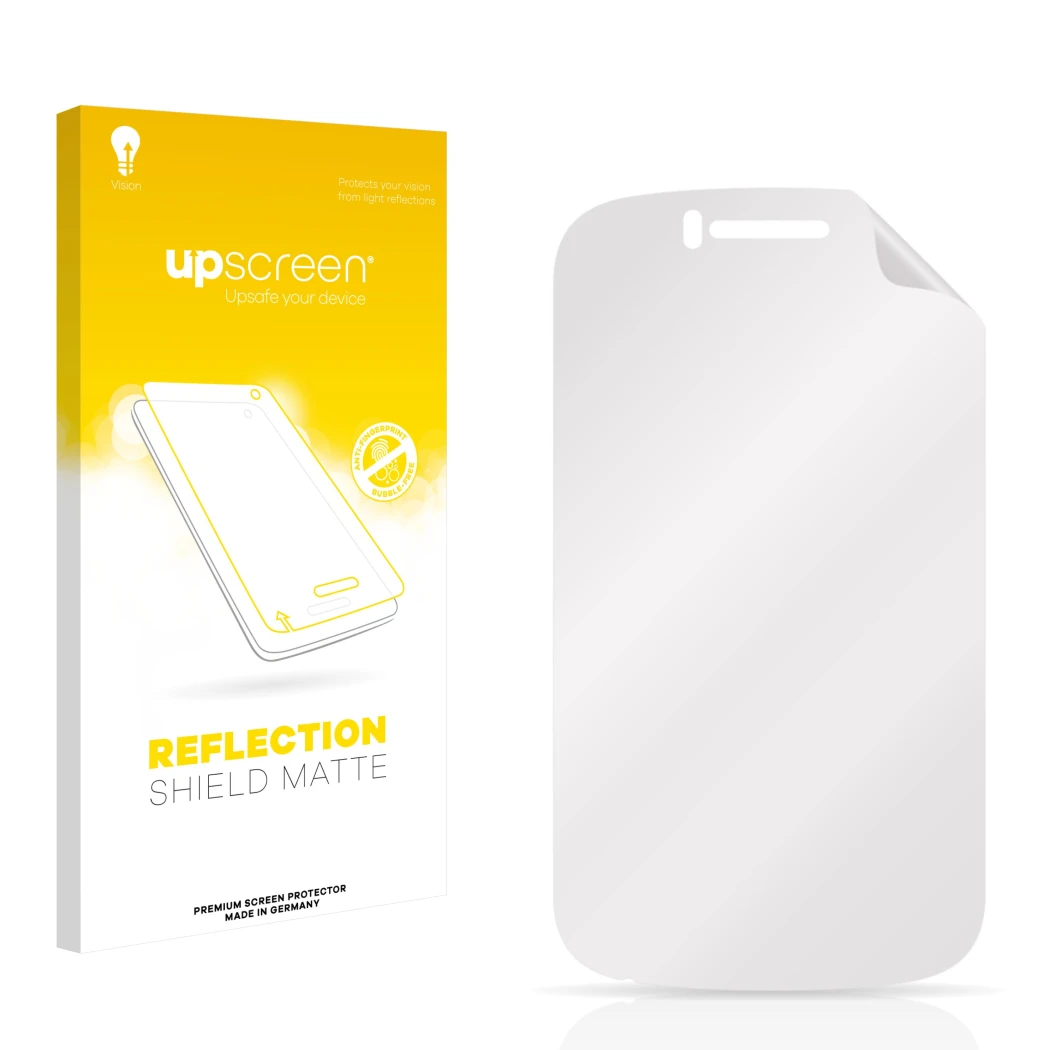 Face avant d’un emballage produit avec le logo de la marque upscreen. À côté se trouve la protection d’écran correspondante.