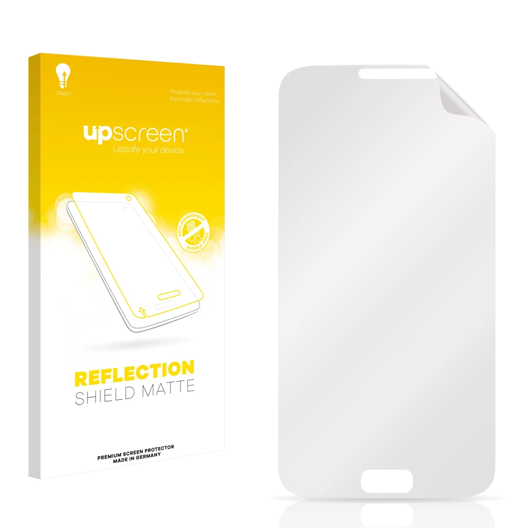 Face avant d’un emballage produit avec le logo de la marque upscreen. À côté se trouve la protection d’écran correspondante.