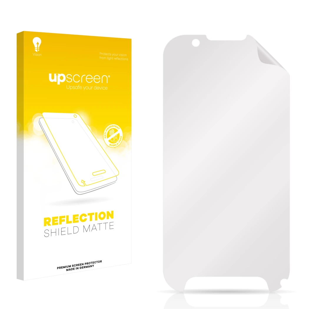 Face avant d’un emballage produit avec le logo de la marque upscreen. À côté se trouve la protection d’écran correspondante.