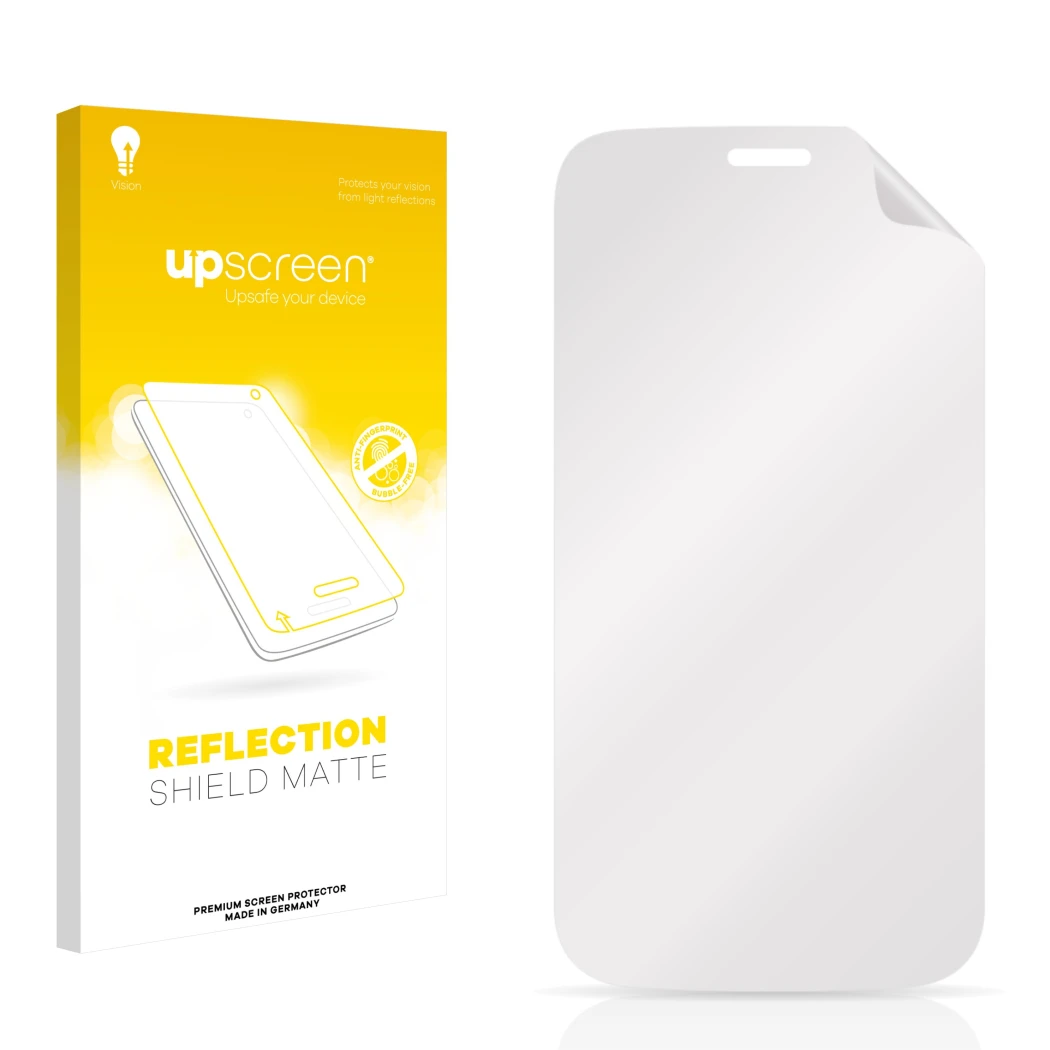 Face avant d’un emballage produit avec le logo de la marque upscreen. À côté se trouve la protection d’écran correspondante.