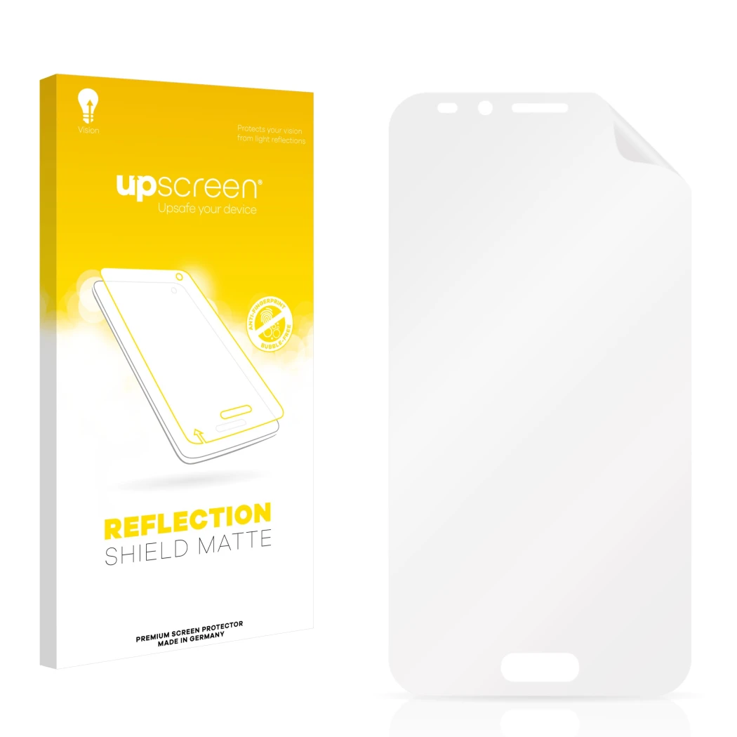 Face avant d’un emballage produit avec le logo de la marque upscreen. À côté se trouve la protection d’écran correspondante.