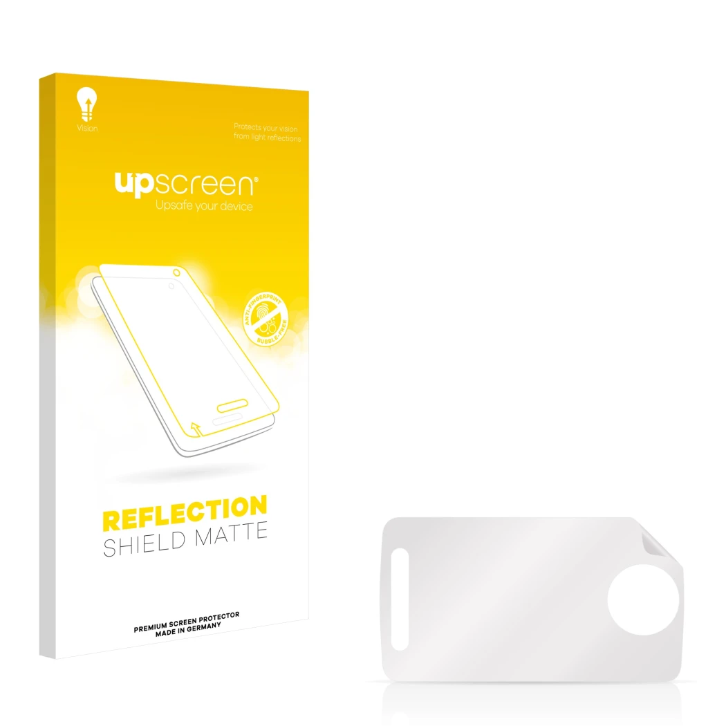 Face avant d’un emballage produit avec le logo de la marque upscreen. À côté se trouve la protection d’écran correspondante.