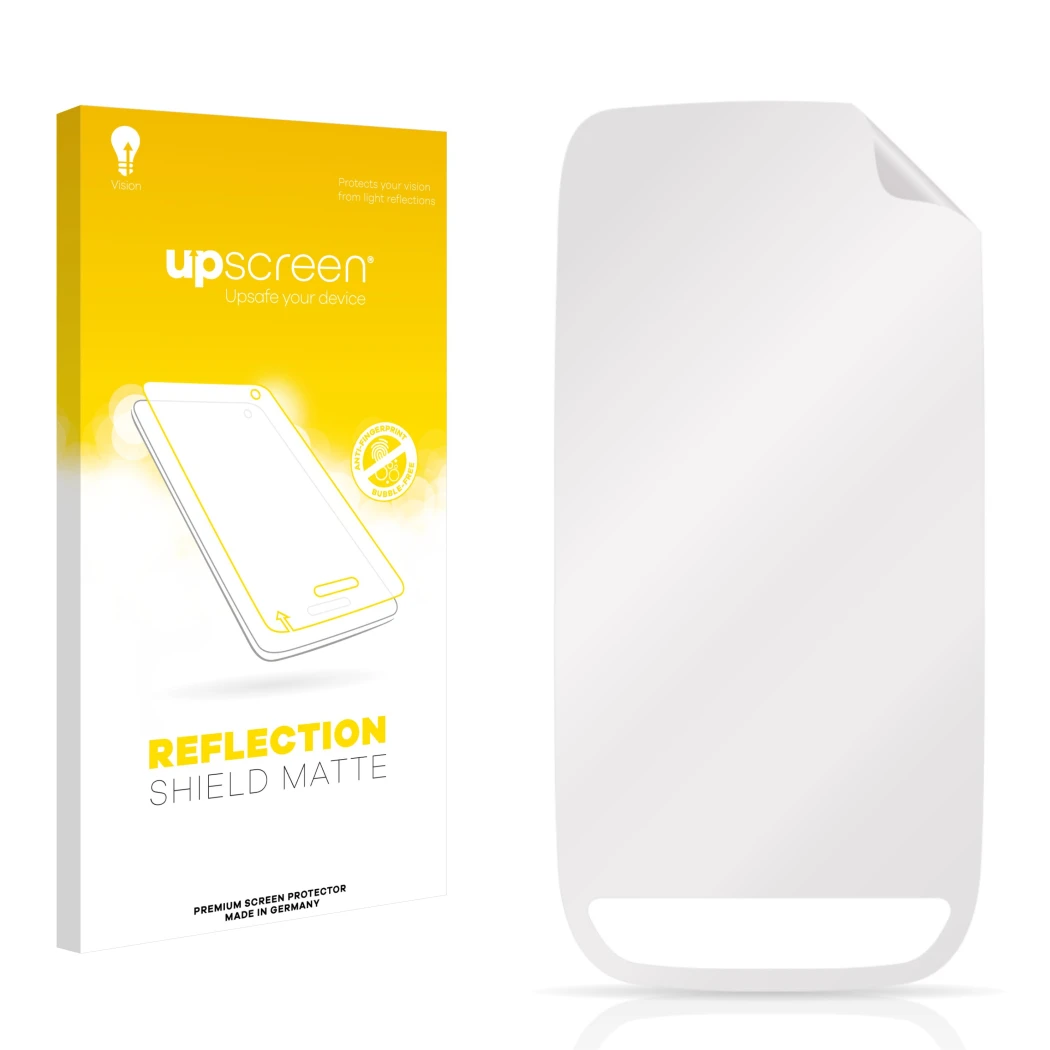 Face avant d’un emballage produit avec le logo de la marque upscreen. À côté se trouve la protection d’écran correspondante.