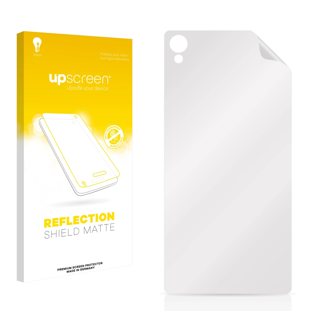 Face avant d’un emballage produit avec le logo de la marque upscreen. À côté se trouve la protection d’écran correspondante.