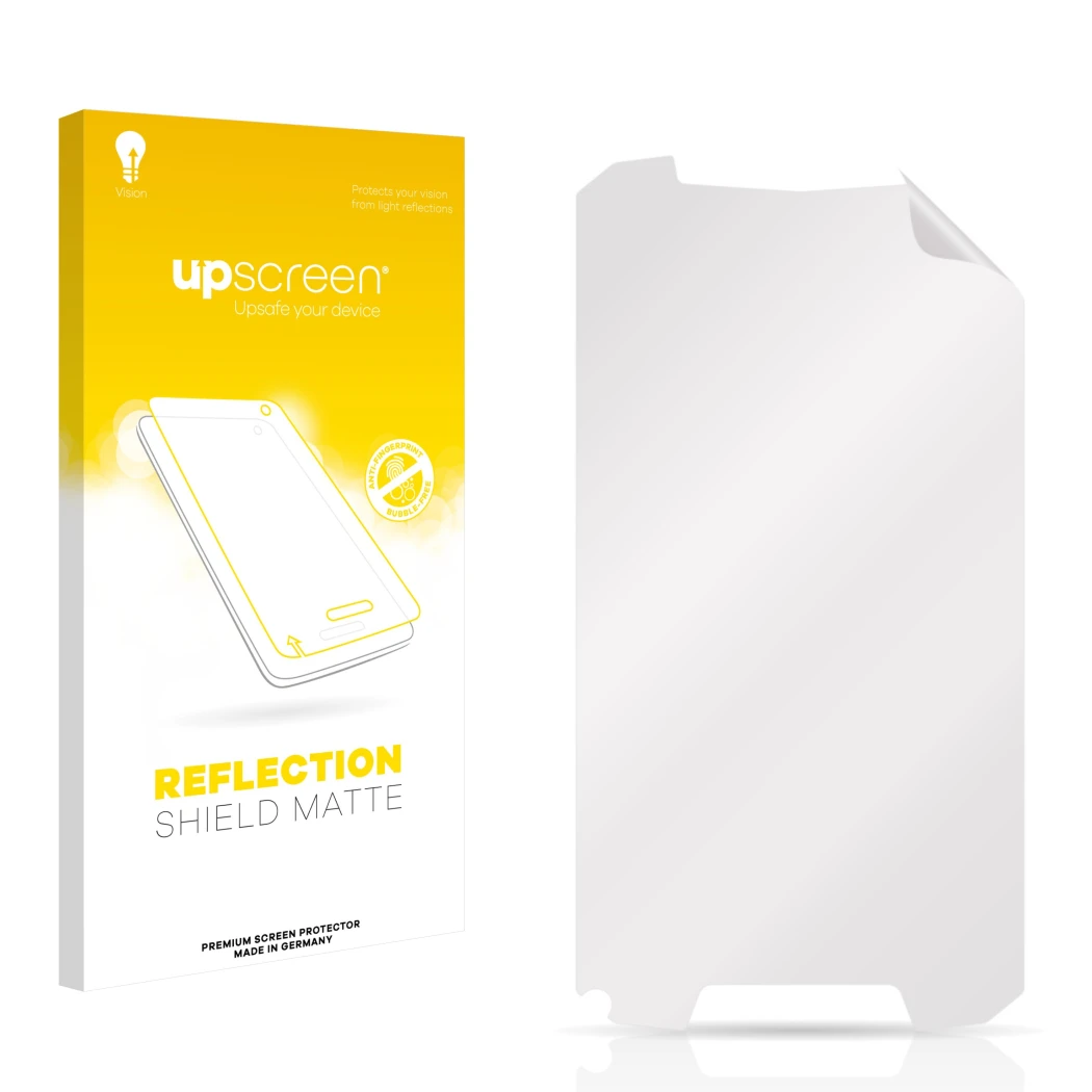 Face avant d’un emballage produit avec le logo de la marque upscreen. À côté se trouve la protection d’écran correspondante.