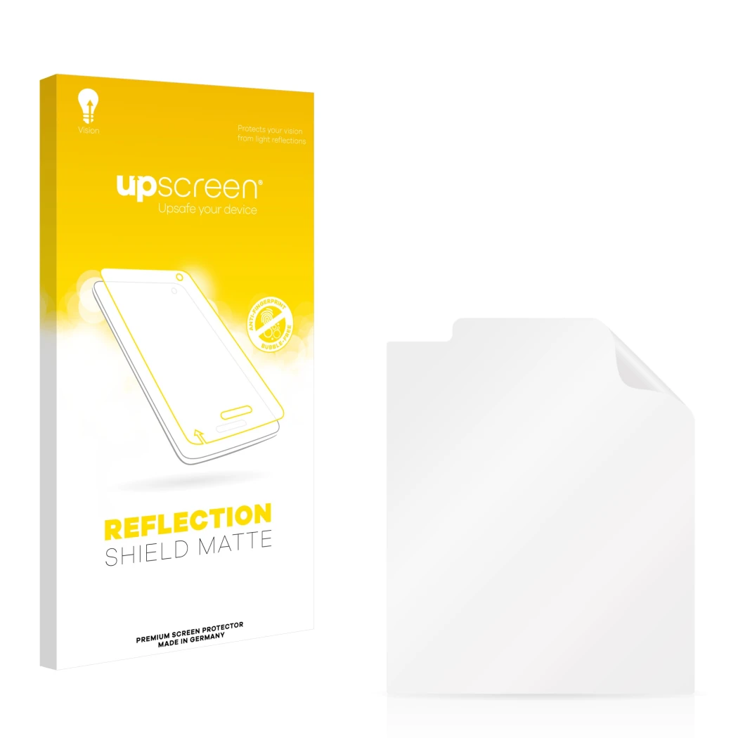 Face avant d’un emballage produit avec le logo de la marque upscreen. À côté se trouve la protection d’écran correspondante.