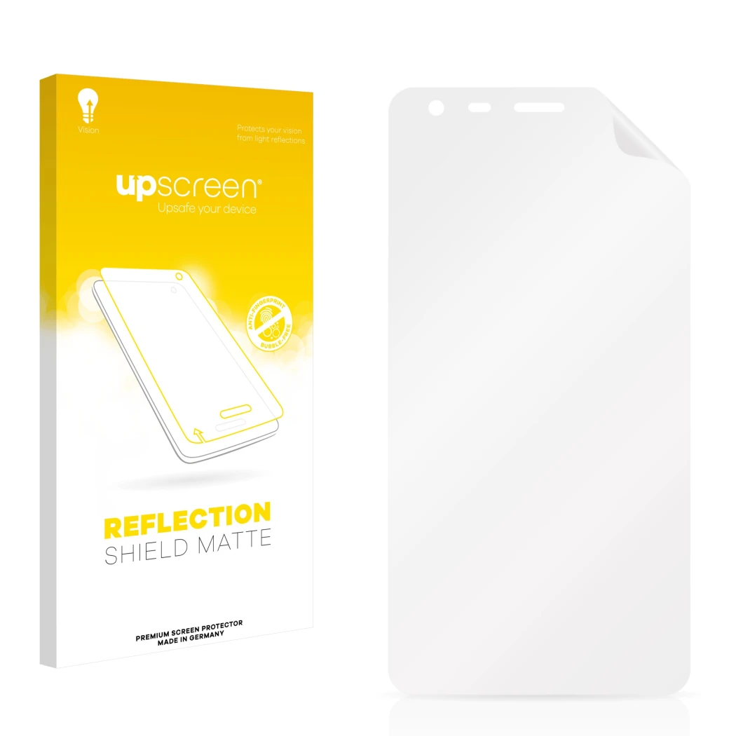 Face avant d’un emballage produit avec le logo de la marque upscreen. À côté se trouve la protection d’écran correspondante.