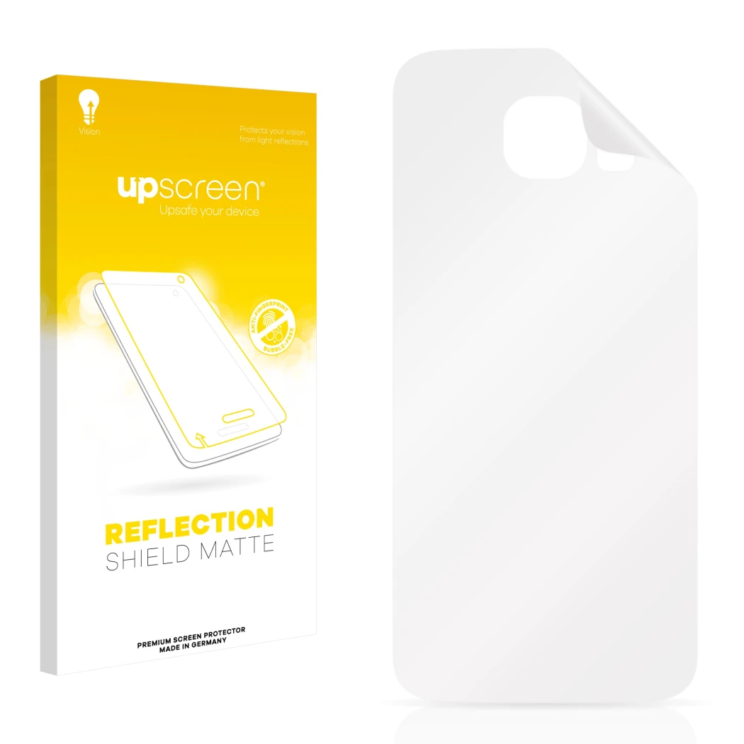 Face avant d’un emballage produit avec le logo de la marque upscreen. À côté se trouve la protection d’écran correspondante.