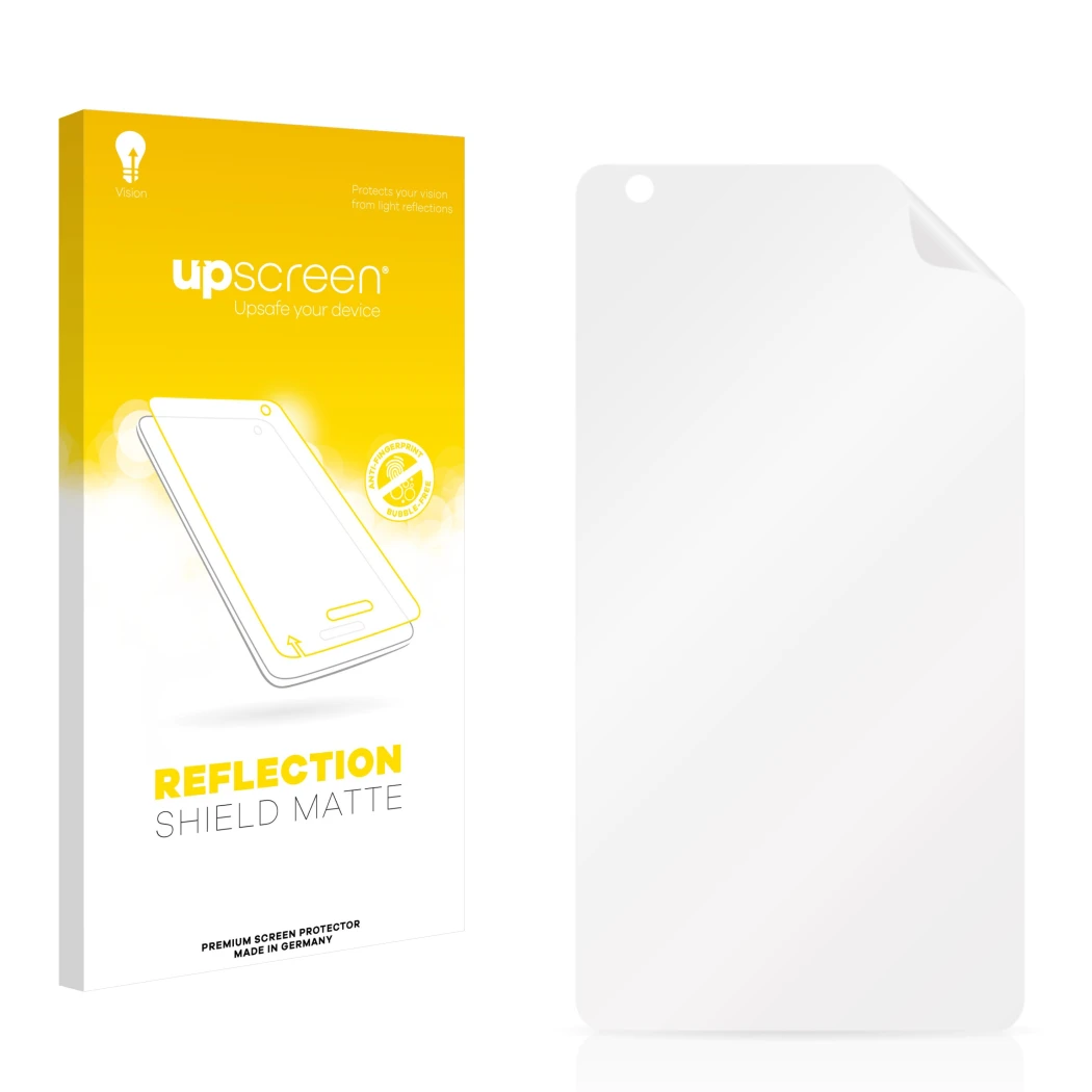 Face avant d’un emballage produit avec le logo de la marque upscreen. À côté se trouve la protection d’écran correspondante.