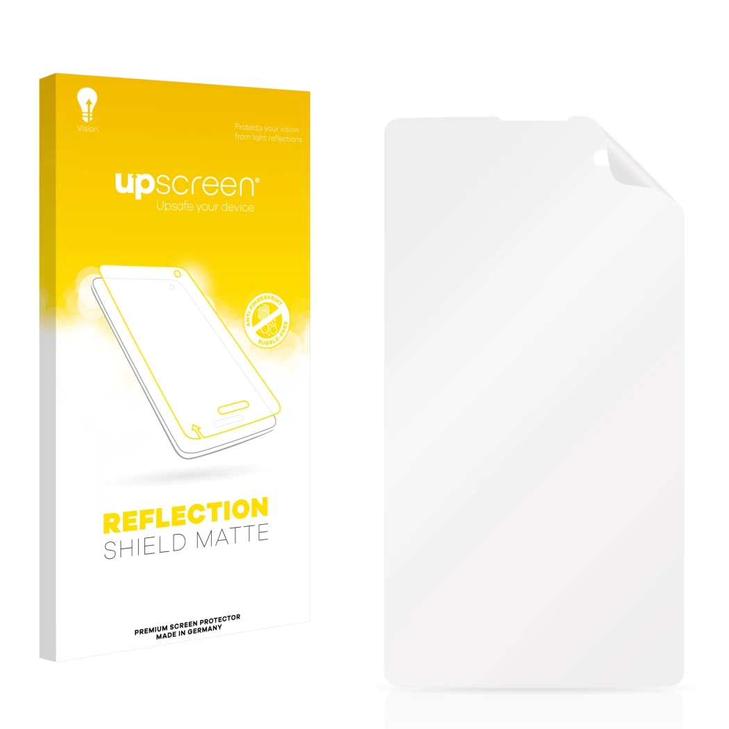 Face avant d’un emballage produit avec le logo de la marque upscreen. À côté se trouve la protection d’écran correspondante.