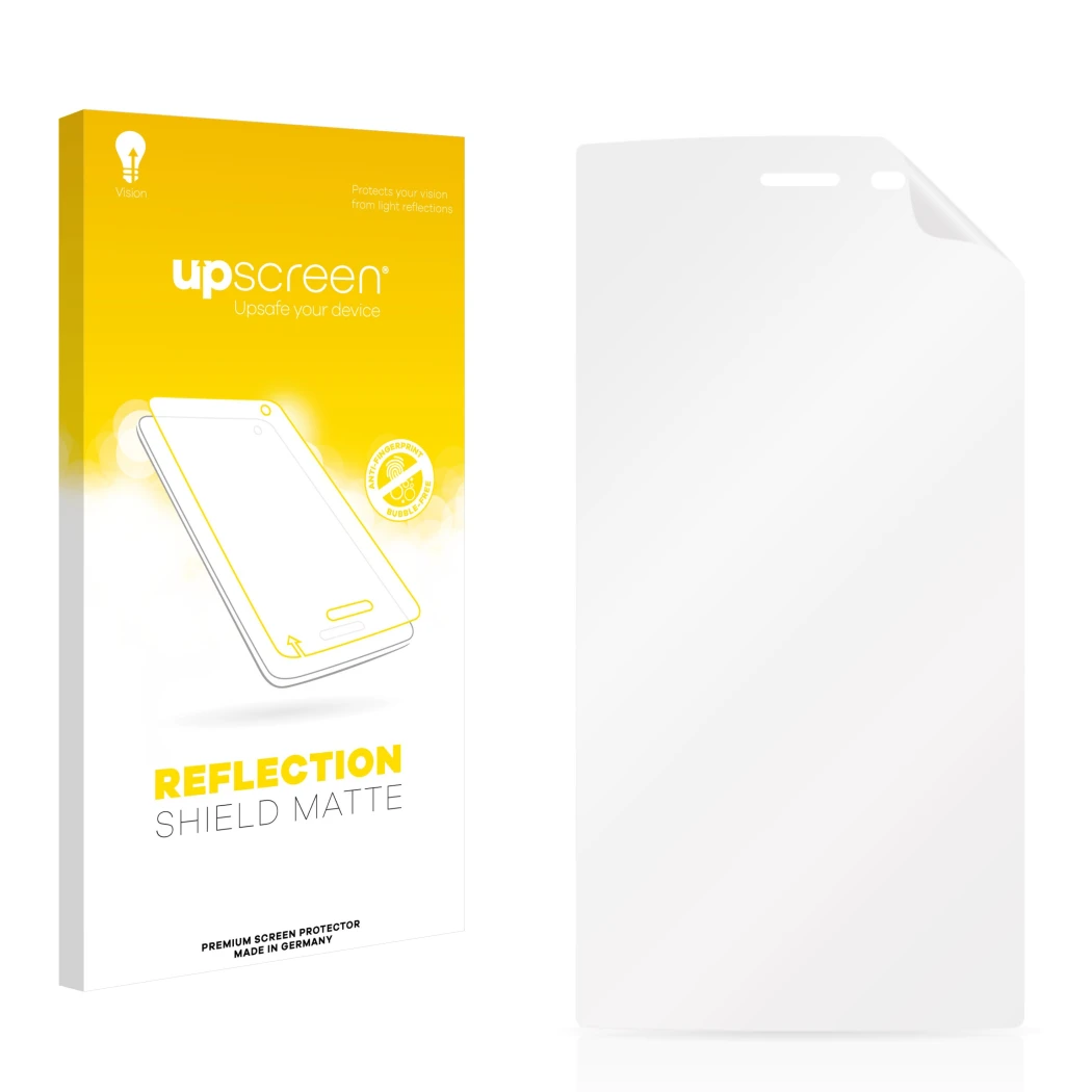 Face avant d’un emballage produit avec le logo de la marque upscreen. À côté se trouve la protection d’écran correspondante.