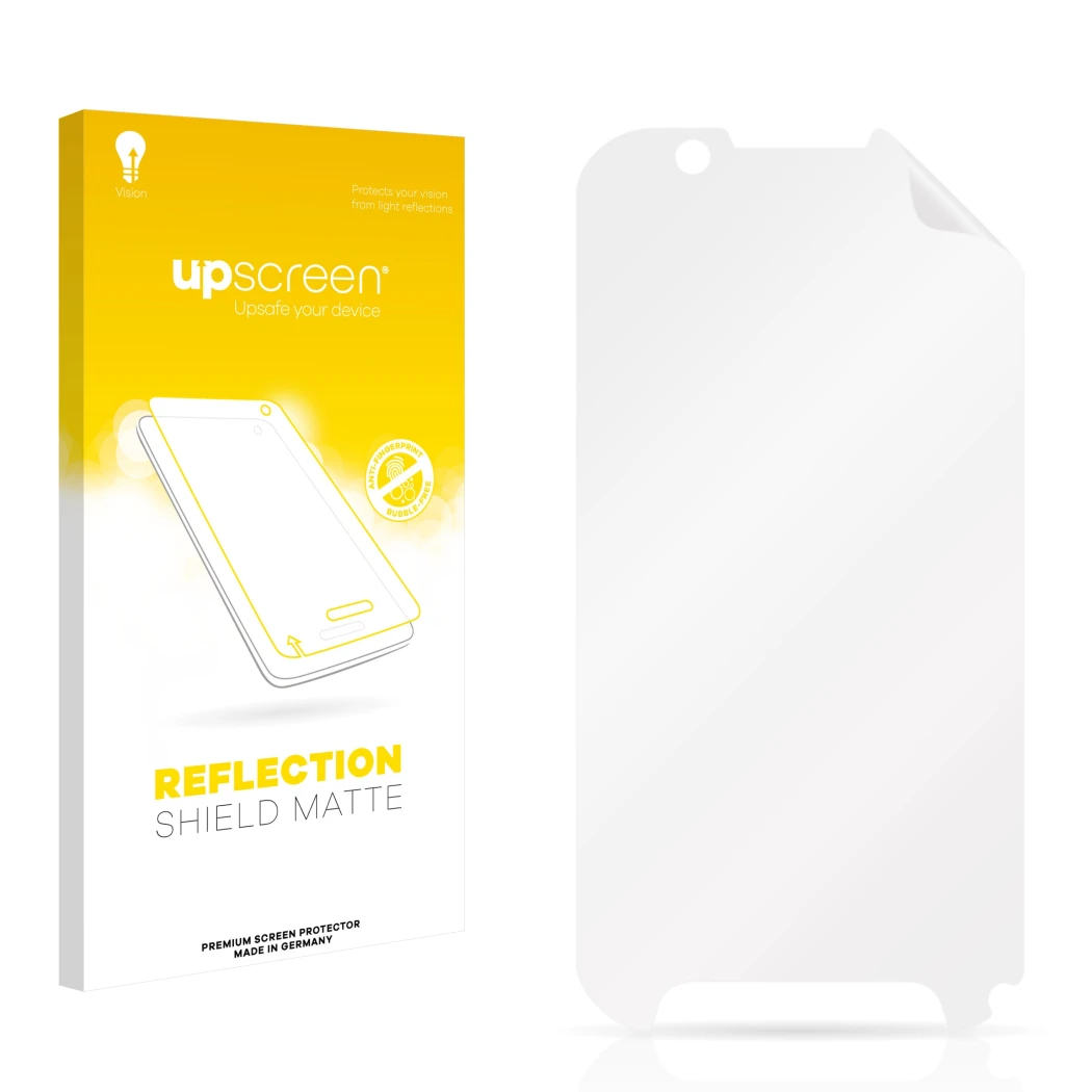 Face avant d’un emballage produit avec le logo de la marque upscreen. À côté se trouve la protection d’écran correspondante.