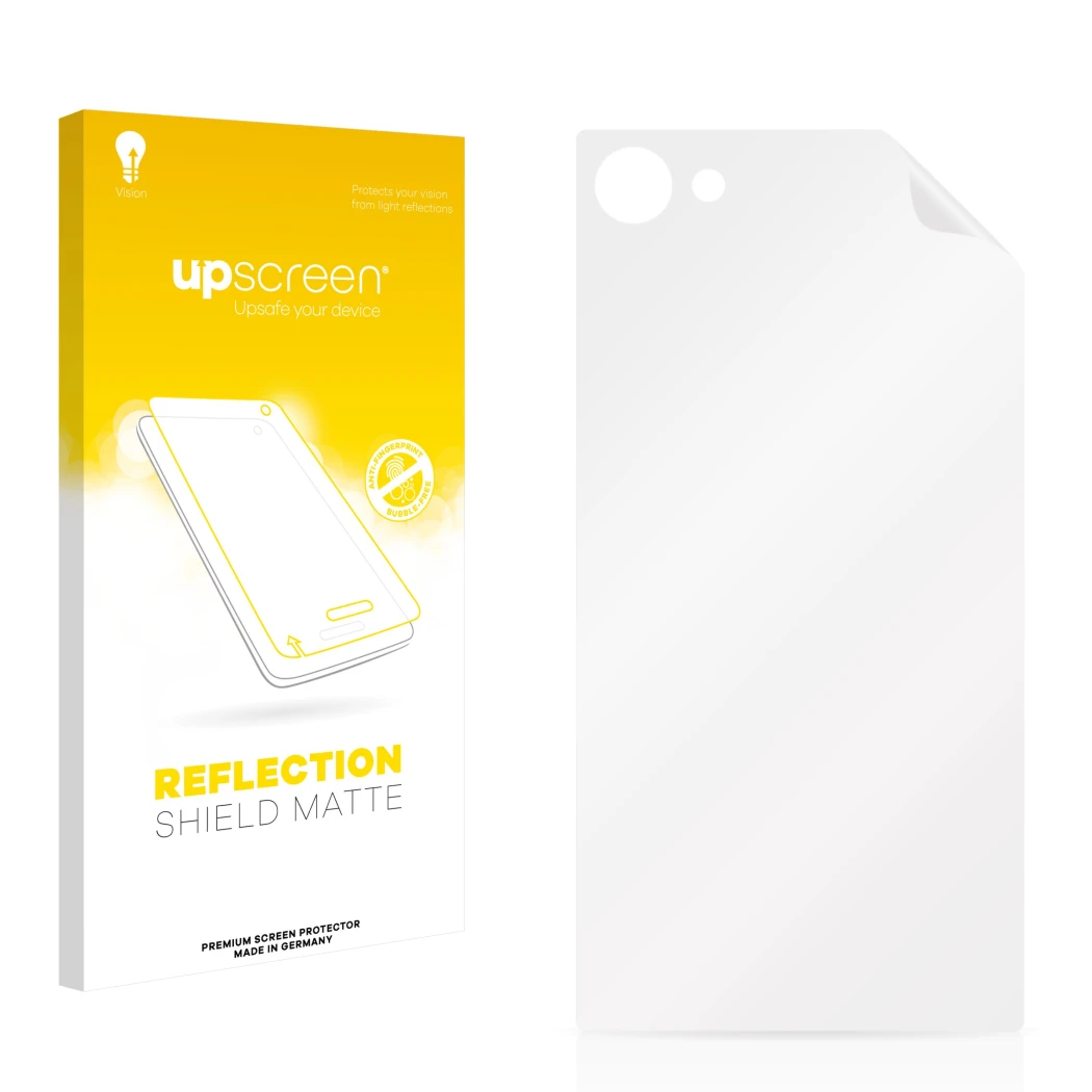 Face avant d’un emballage produit avec le logo de la marque upscreen. À côté se trouve la protection d’écran correspondante.