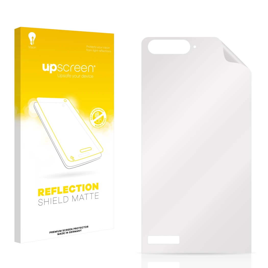 Face avant d’un emballage produit avec le logo de la marque upscreen. À côté se trouve la protection d’écran correspondante.