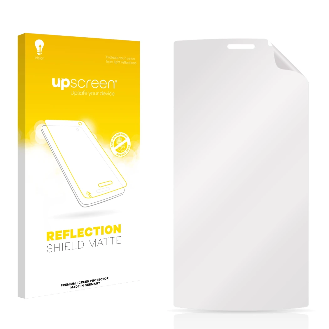 Face avant d’un emballage produit avec le logo de la marque upscreen. À côté se trouve la protection d’écran correspondante.