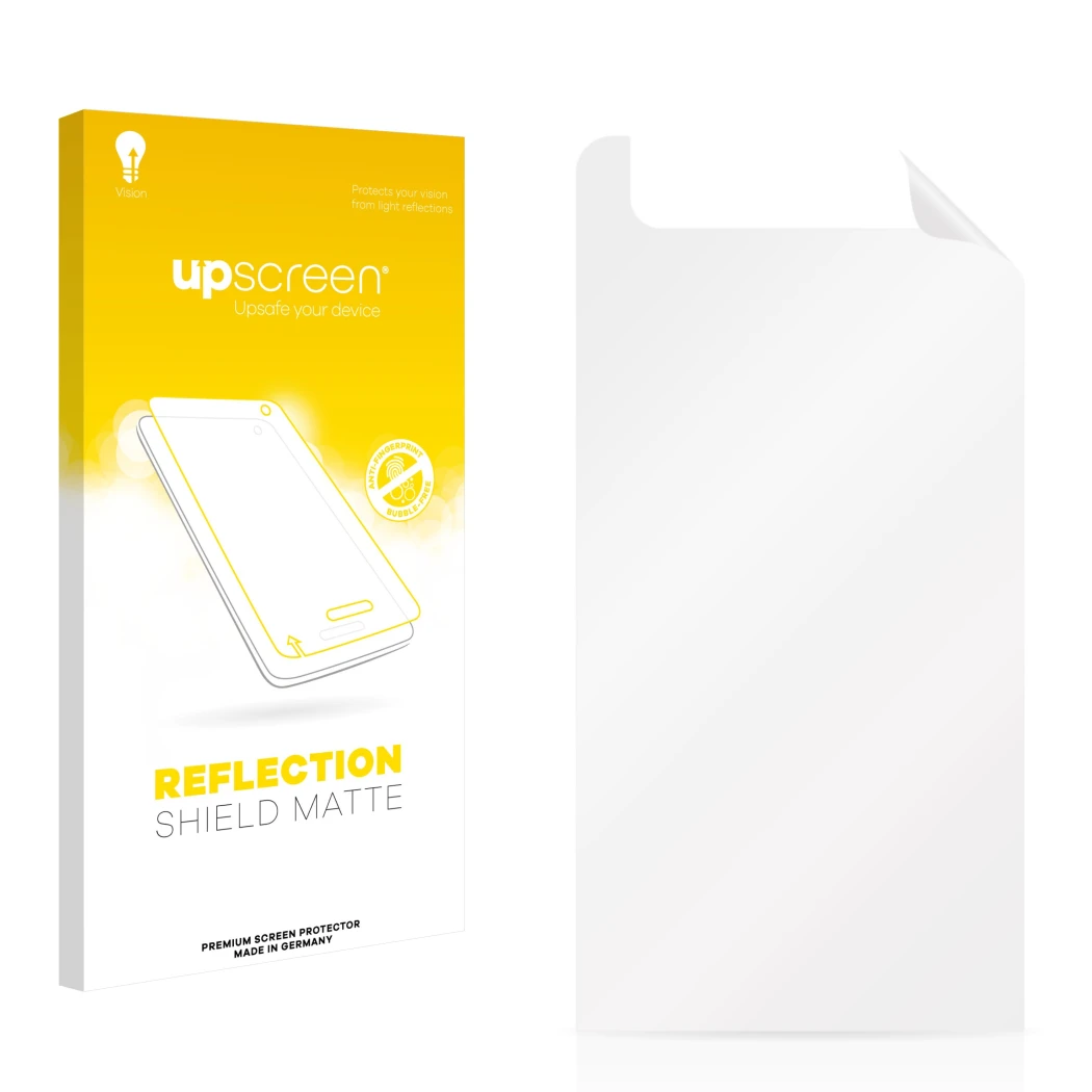 Face avant d’un emballage produit avec le logo de la marque upscreen. À côté se trouve la protection d’écran correspondante.