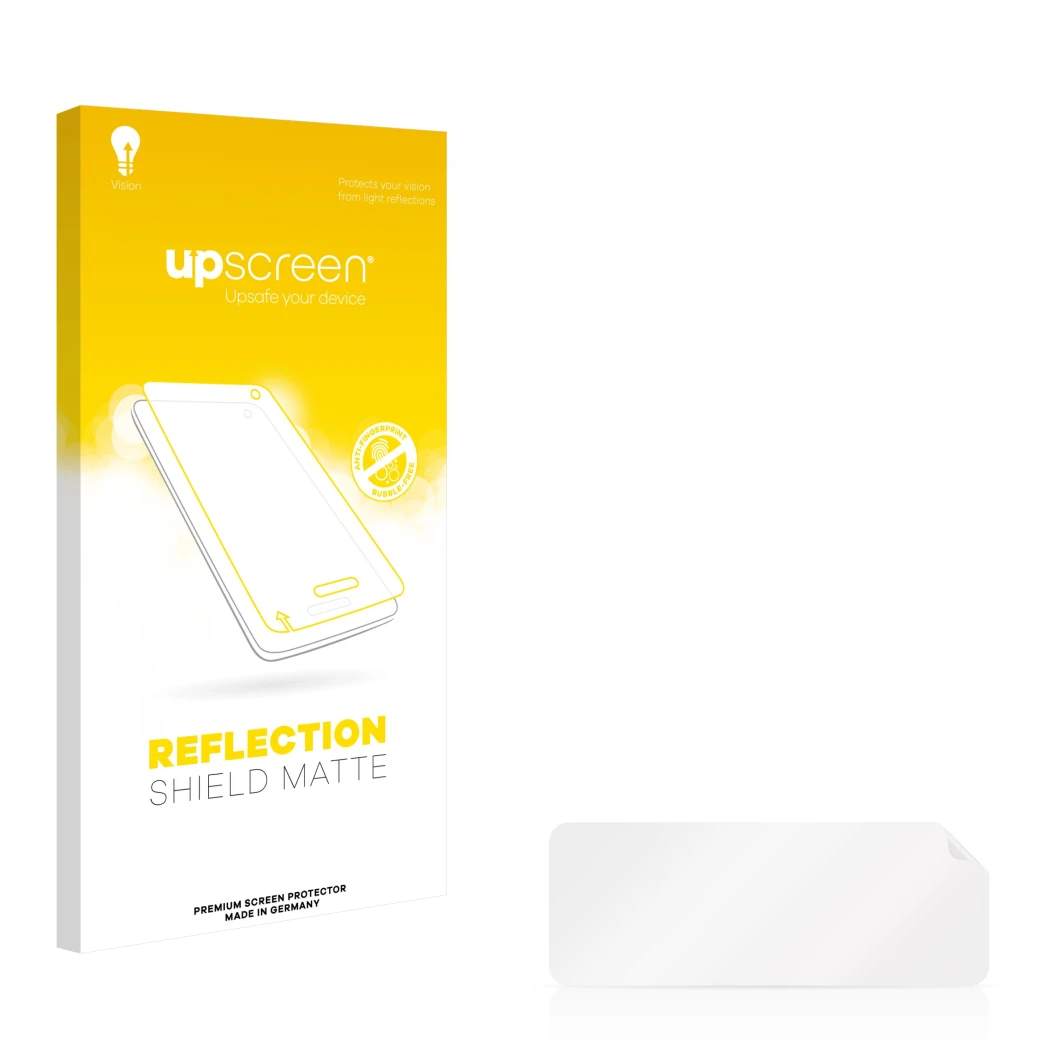 Face avant d’un emballage produit avec le logo de la marque upscreen. À côté se trouve la protection d’écran correspondante.