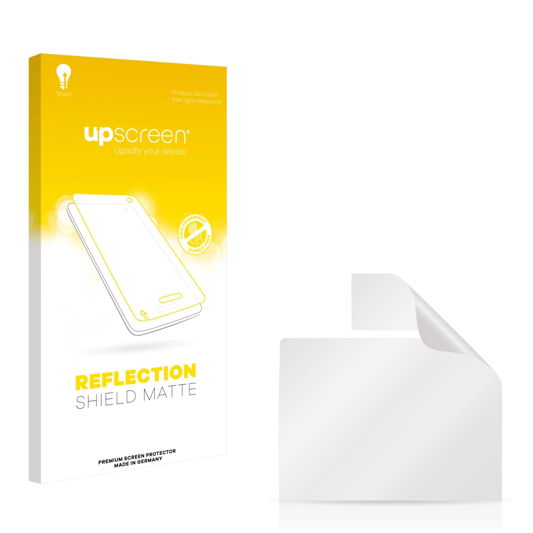 Face avant d’un emballage produit avec le logo de la marque upscreen. À côté se trouve la protection d’écran correspondante.