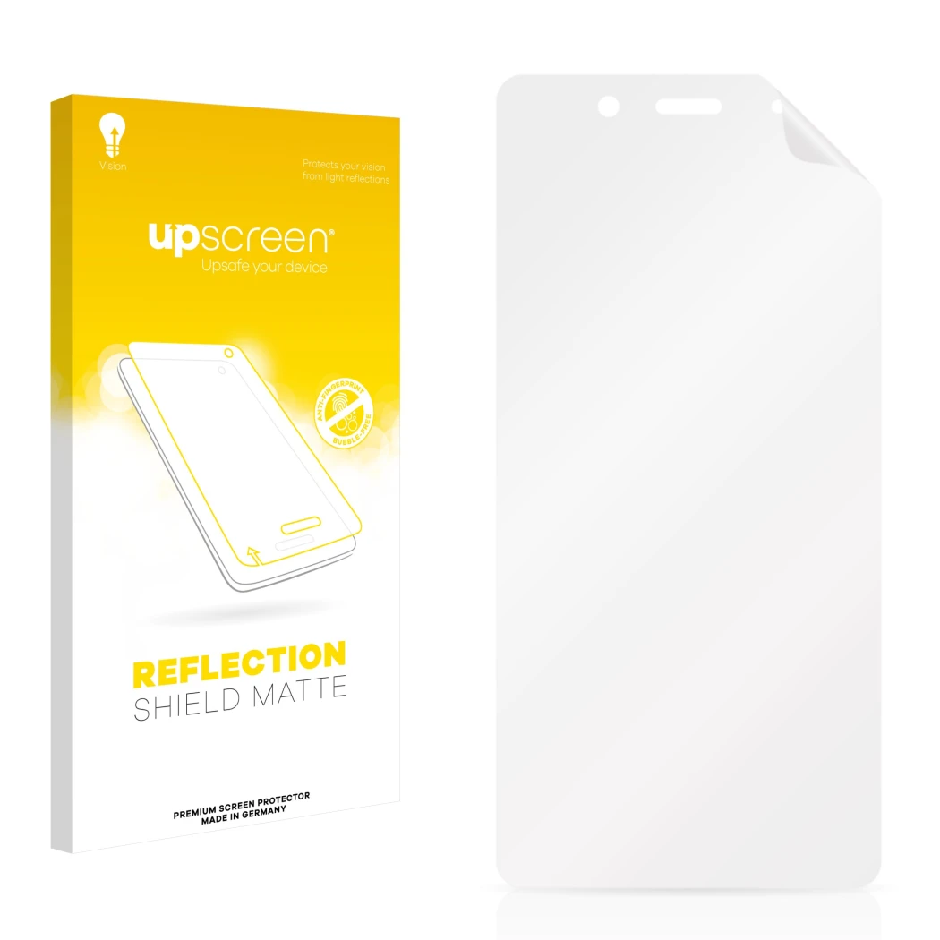 Face avant d’un emballage produit avec le logo de la marque upscreen. À côté se trouve la protection d’écran correspondante.