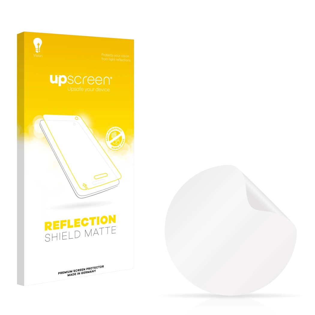 Face avant d’un emballage produit avec le logo de la marque upscreen. À côté se trouve la protection d’écran correspondante.