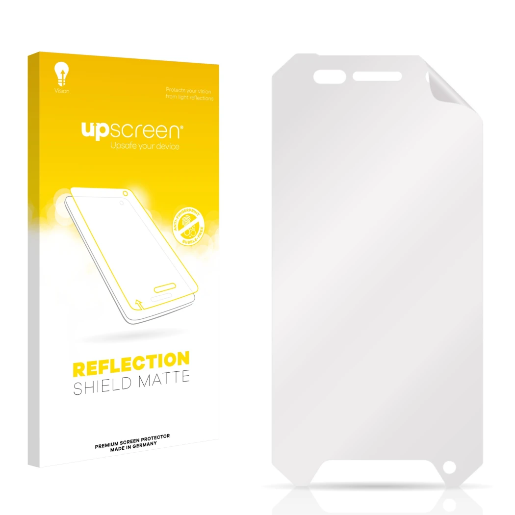 Face avant d’un emballage produit avec le logo de la marque upscreen. À côté se trouve la protection d’écran correspondante.