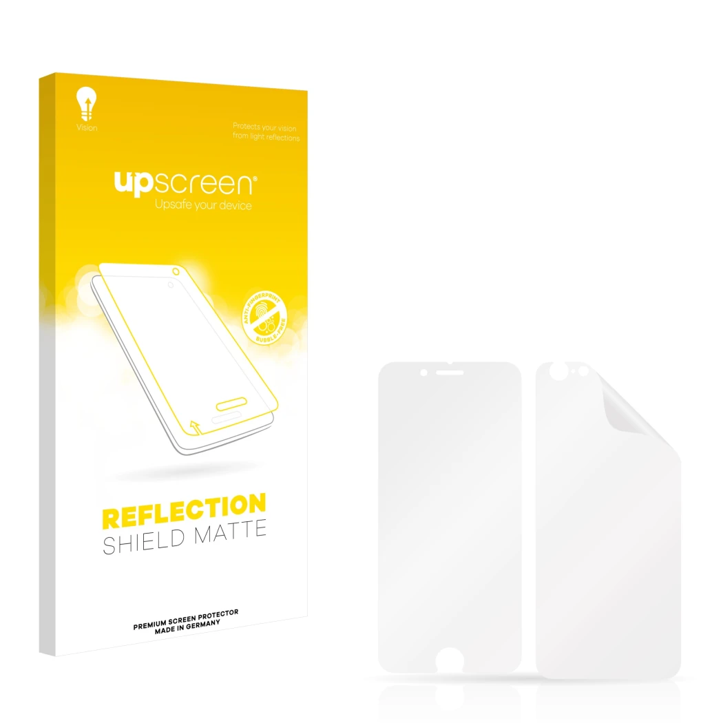 Face avant d’un emballage produit avec le logo de la marque upscreen. À côté se trouve la protection d’écran correspondante.