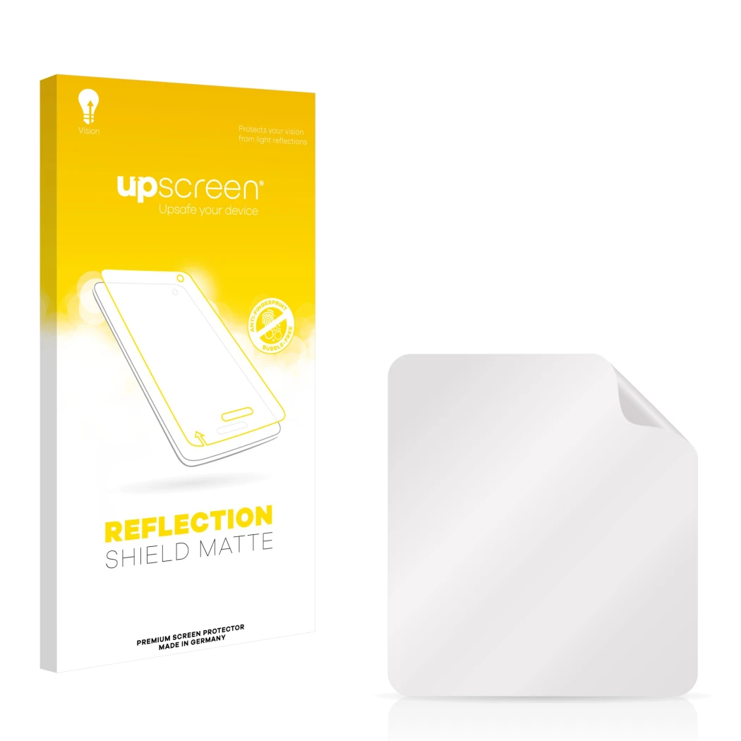 Face avant d’un emballage produit avec le logo de la marque upscreen. À côté se trouve la protection d’écran correspondante.