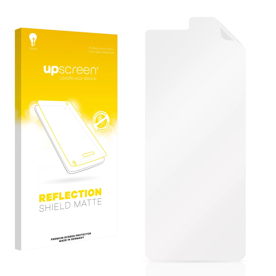 Face avant d’un emballage produit avec le logo de la marque upscreen. À côté se trouve la protection d’écran correspondante.