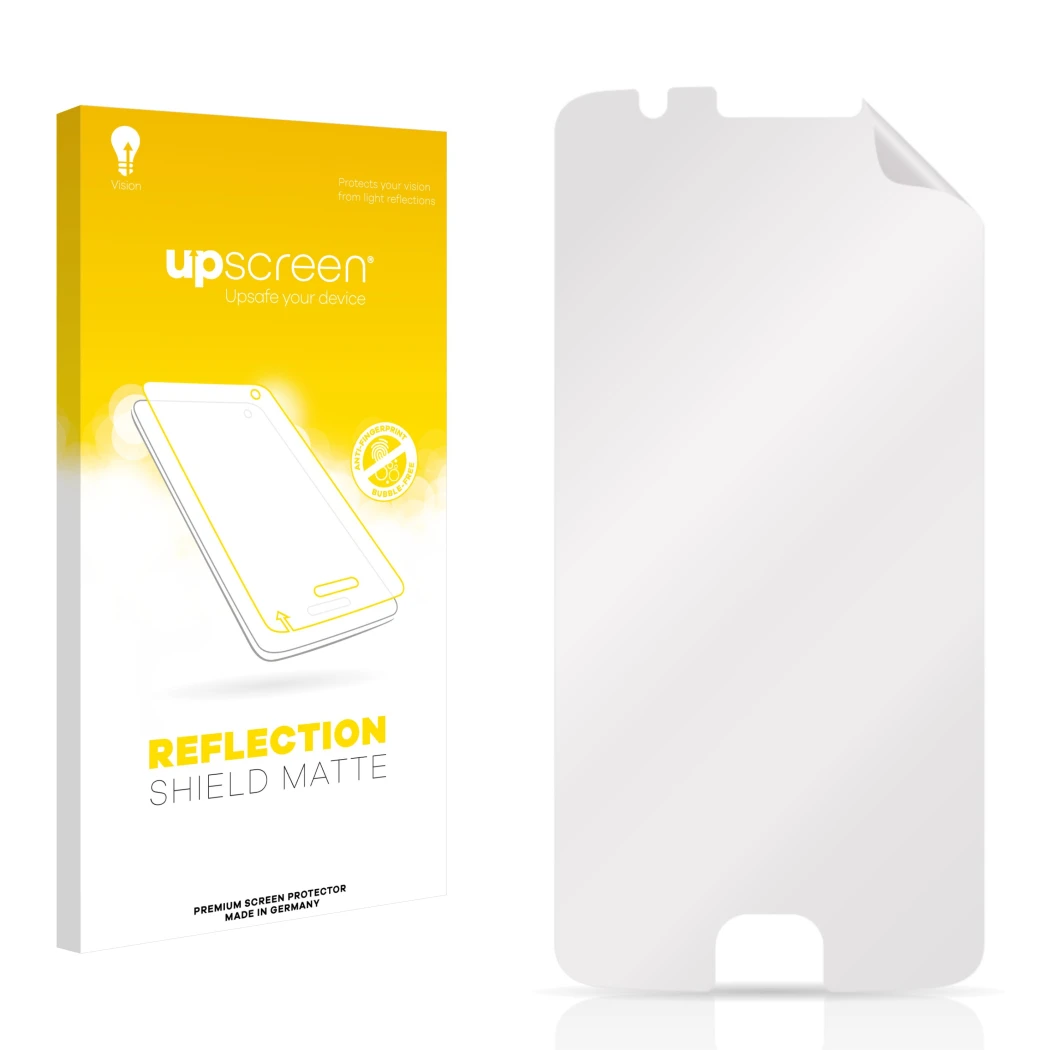Face avant d’un emballage produit avec le logo de la marque upscreen. À côté se trouve la protection d’écran correspondante.
