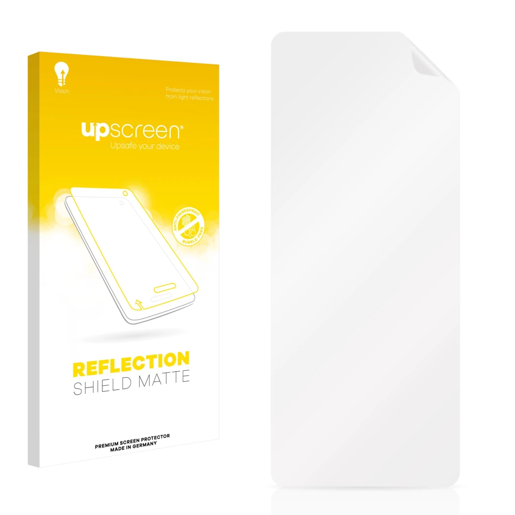Face avant d’un emballage produit avec le logo de la marque upscreen. À côté se trouve la protection d’écran correspondante.