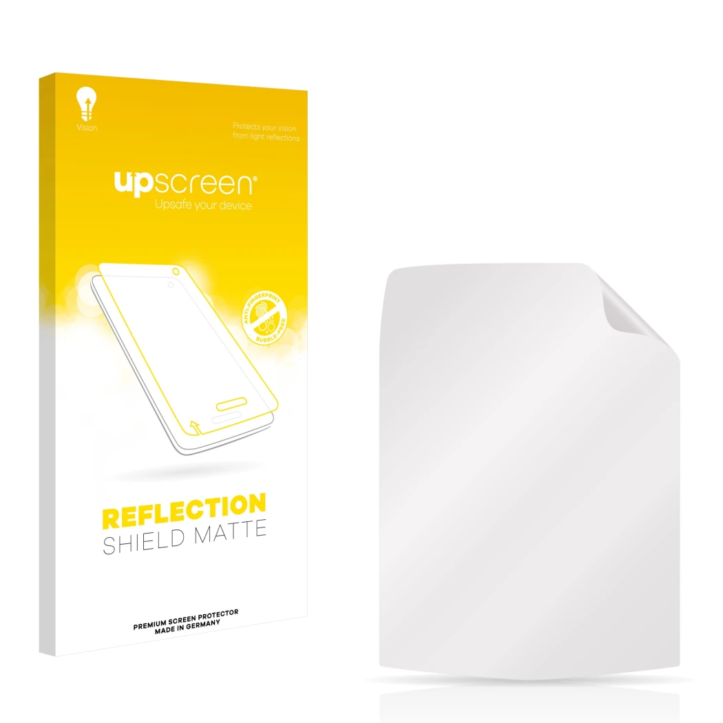 Face avant d’un emballage produit avec le logo de la marque upscreen. À côté se trouve la protection d’écran correspondante.