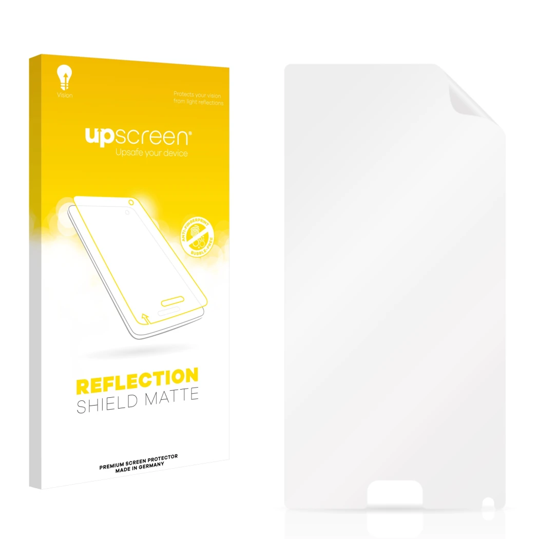 Face avant d’un emballage produit avec le logo de la marque upscreen. À côté se trouve la protection d’écran correspondante.