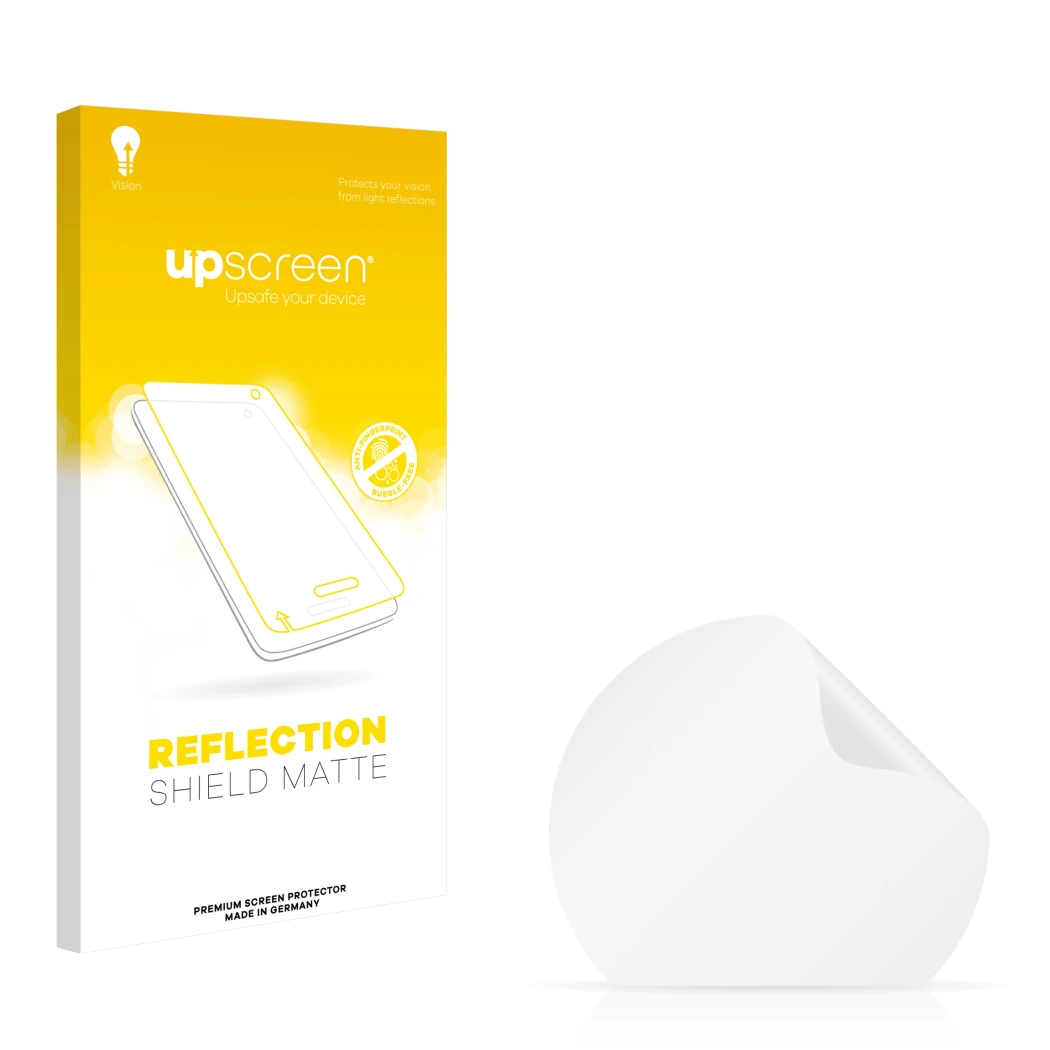 Face avant d’un emballage produit avec le logo de la marque upscreen. À côté se trouve la protection d’écran correspondante.
