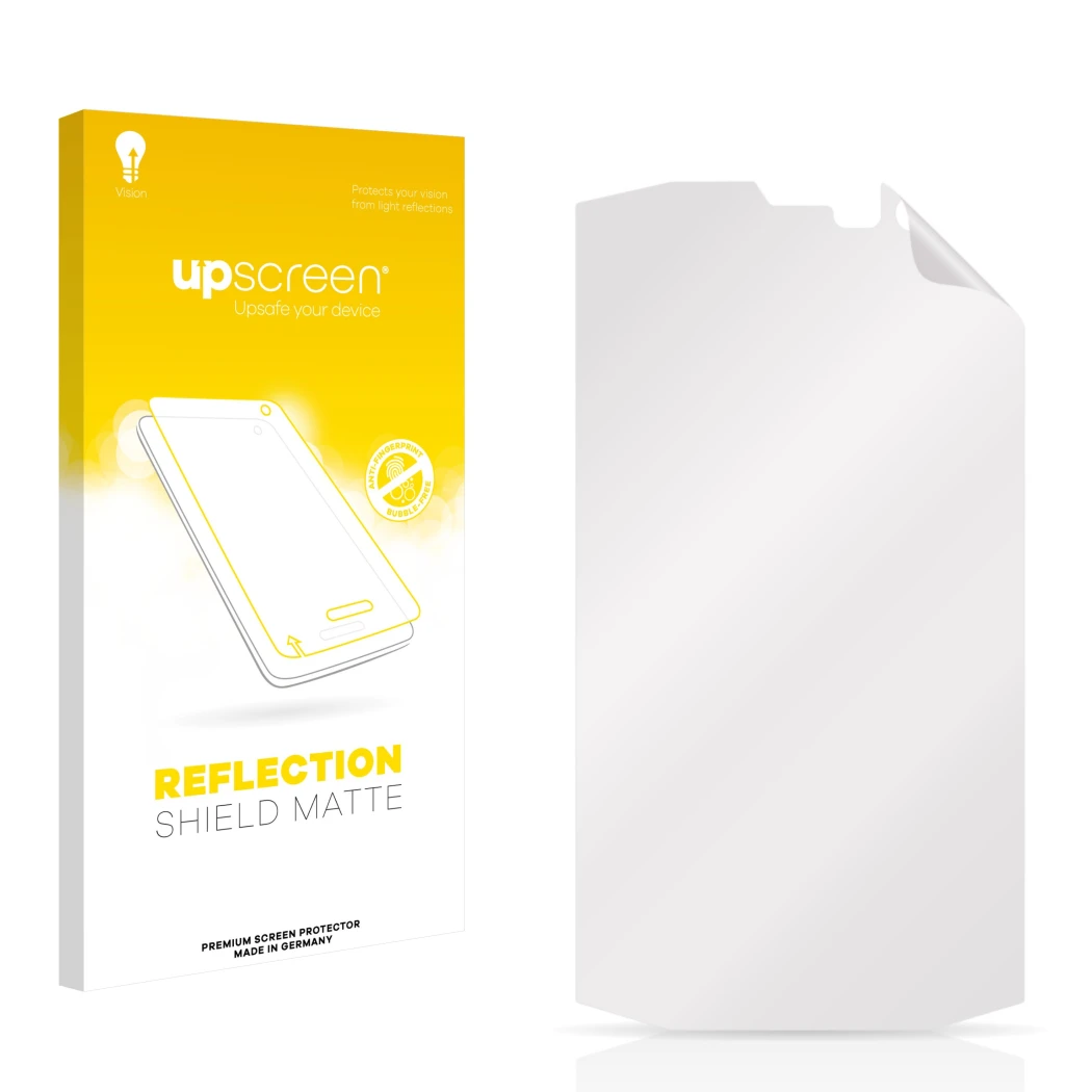 Face avant d’un emballage produit avec le logo de la marque upscreen. À côté se trouve la protection d’écran correspondante.