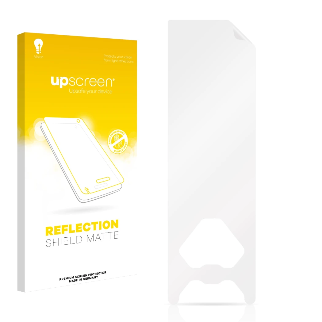 Face avant d’un emballage produit avec le logo de la marque upscreen. À côté se trouve la protection d’écran correspondante.