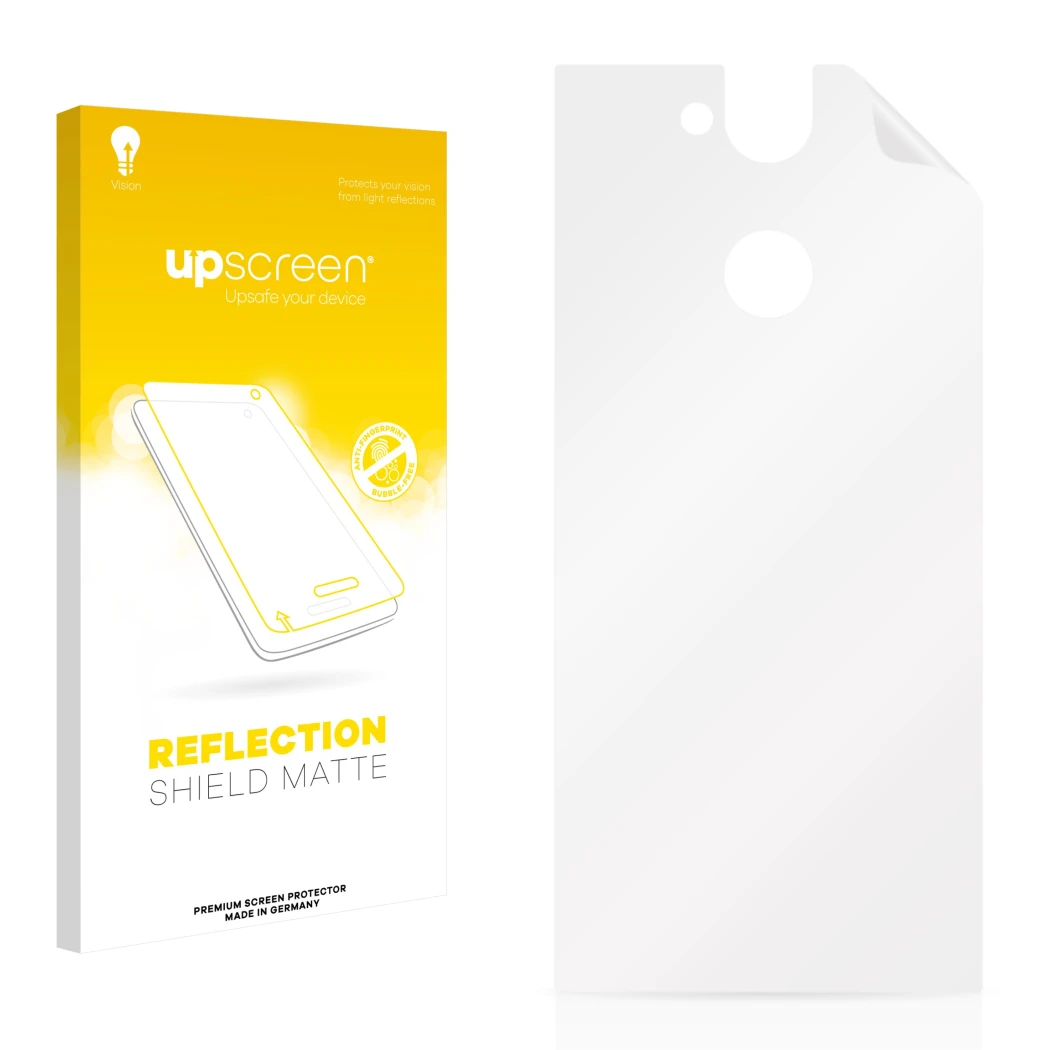 Face avant d’un emballage produit avec le logo de la marque upscreen. À côté se trouve la protection d’écran correspondante.