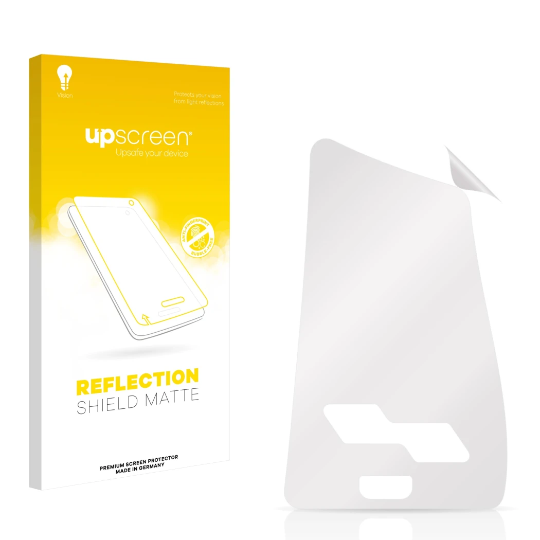 Face avant d’un emballage produit avec le logo de la marque upscreen. À côté se trouve la protection d’écran correspondante.