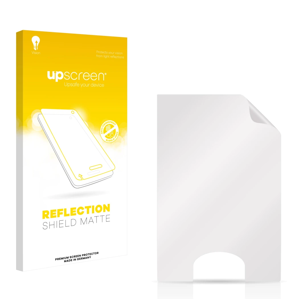 Face avant d’un emballage produit avec le logo de la marque upscreen. À côté se trouve la protection d’écran correspondante.