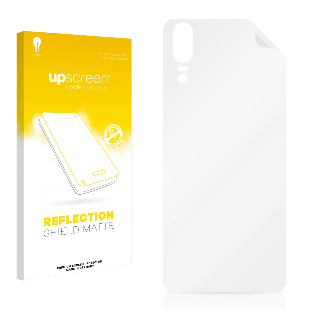Face avant d’un emballage produit avec le logo de la marque upscreen. À côté se trouve la protection d’écran correspondante.