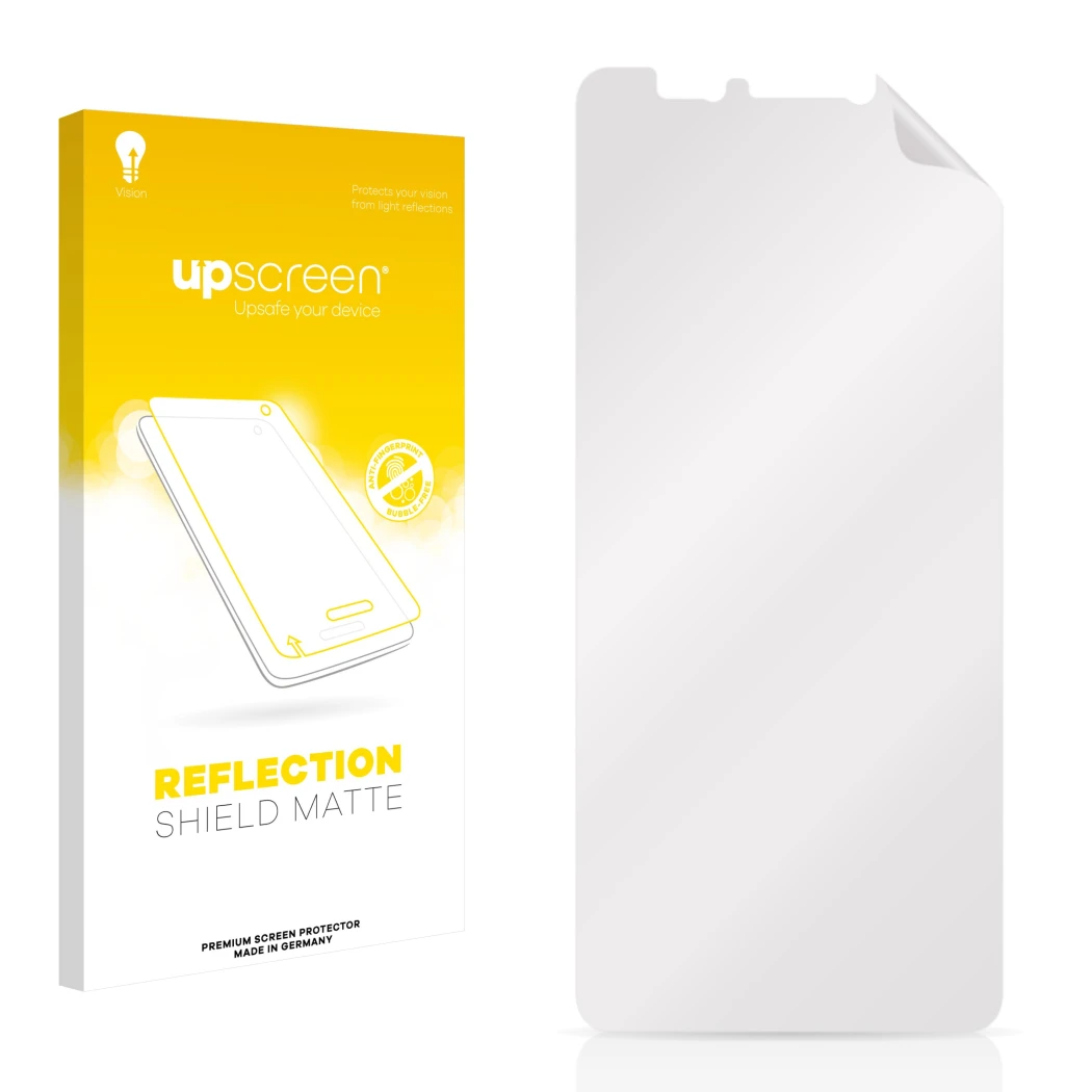 Face avant d’un emballage produit avec le logo de la marque upscreen. À côté se trouve la protection d’écran correspondante.