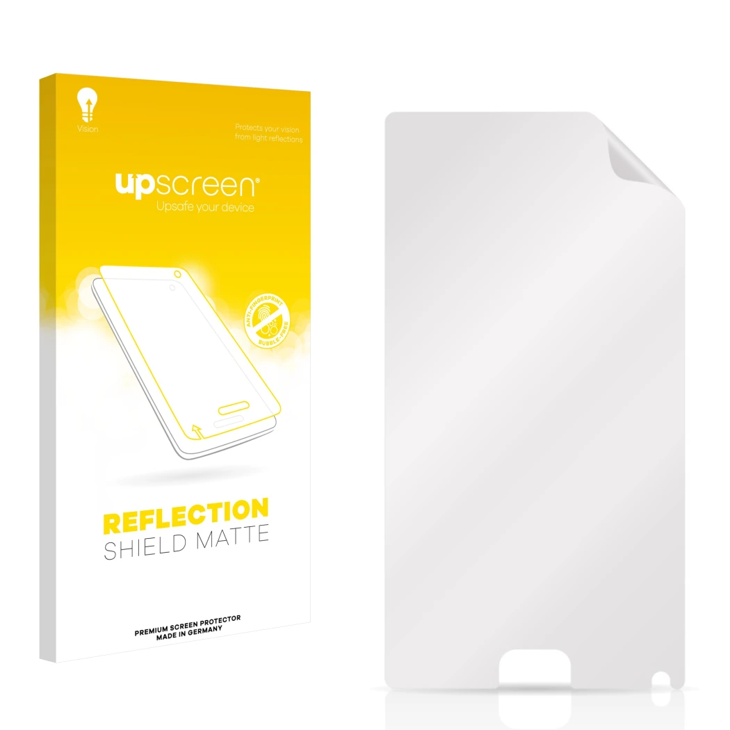 Face avant d’un emballage produit avec le logo de la marque upscreen. À côté se trouve la protection d’écran correspondante.