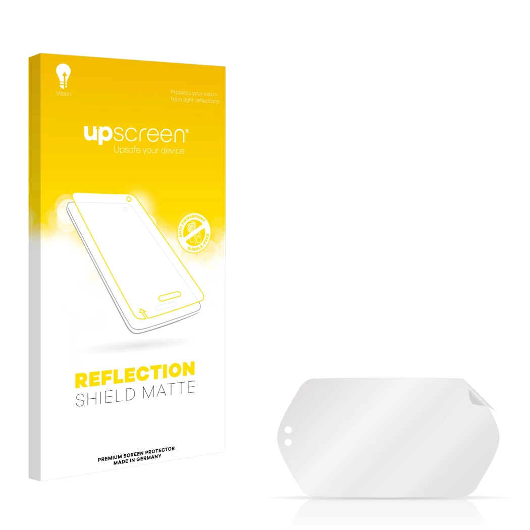 Face avant d’un emballage produit avec le logo de la marque upscreen. À côté se trouve la protection d’écran correspondante.