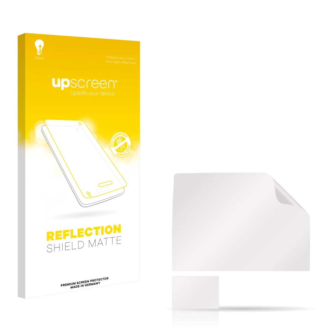 Face avant d’un emballage produit avec le logo de la marque upscreen. À côté se trouve la protection d’écran correspondante.