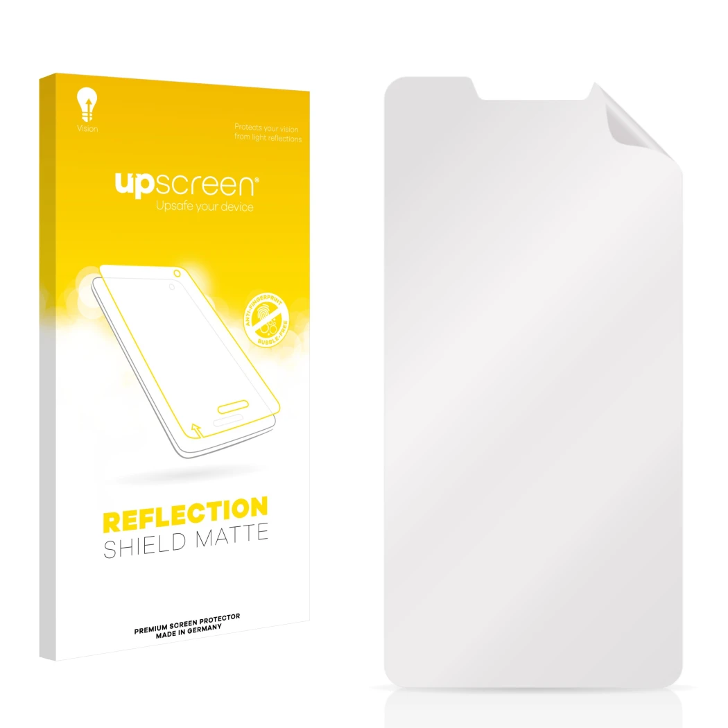Face avant d’un emballage produit avec le logo de la marque upscreen. À côté se trouve la protection d’écran correspondante.