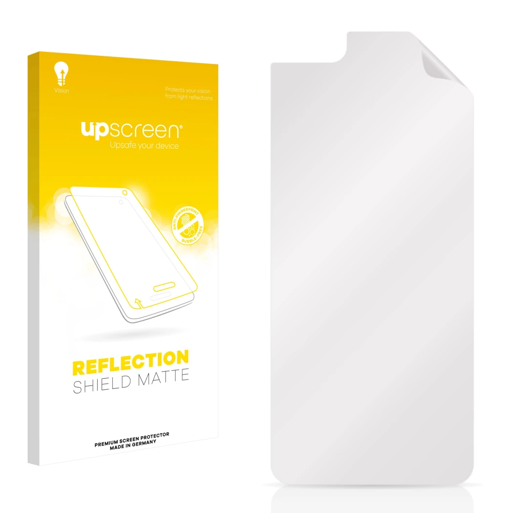 Face avant d’un emballage produit avec le logo de la marque upscreen. À côté se trouve la protection d’écran correspondante.