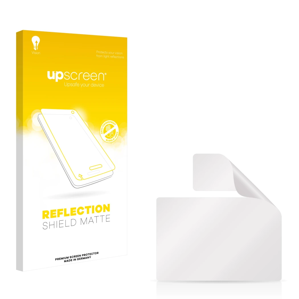 Face avant d’un emballage produit avec le logo de la marque upscreen. À côté se trouve la protection d’écran correspondante.