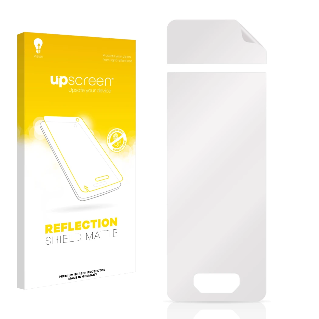 Face avant d’un emballage produit avec le logo de la marque upscreen. À côté se trouve la protection d’écran correspondante.