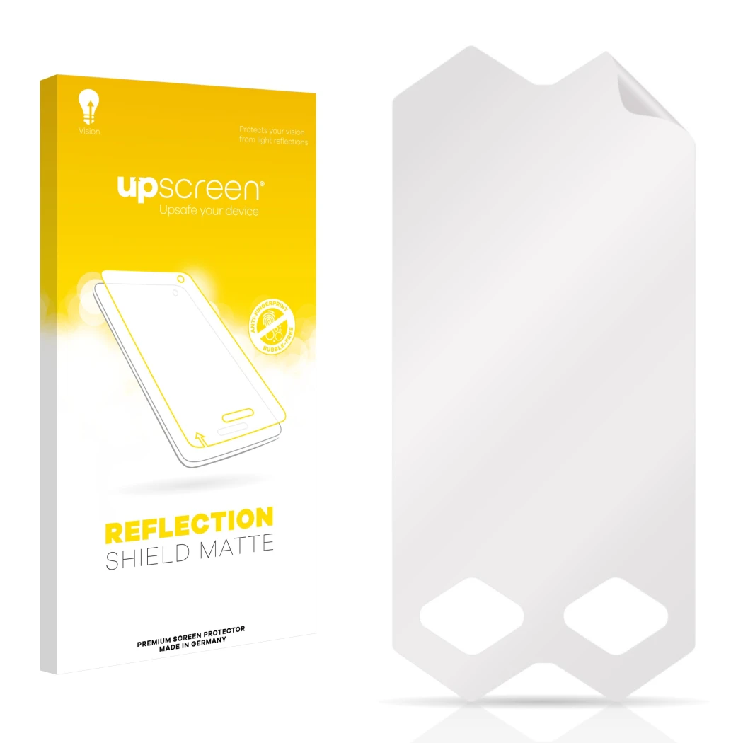 Face avant d’un emballage produit avec le logo de la marque upscreen. À côté se trouve la protection d’écran correspondante.