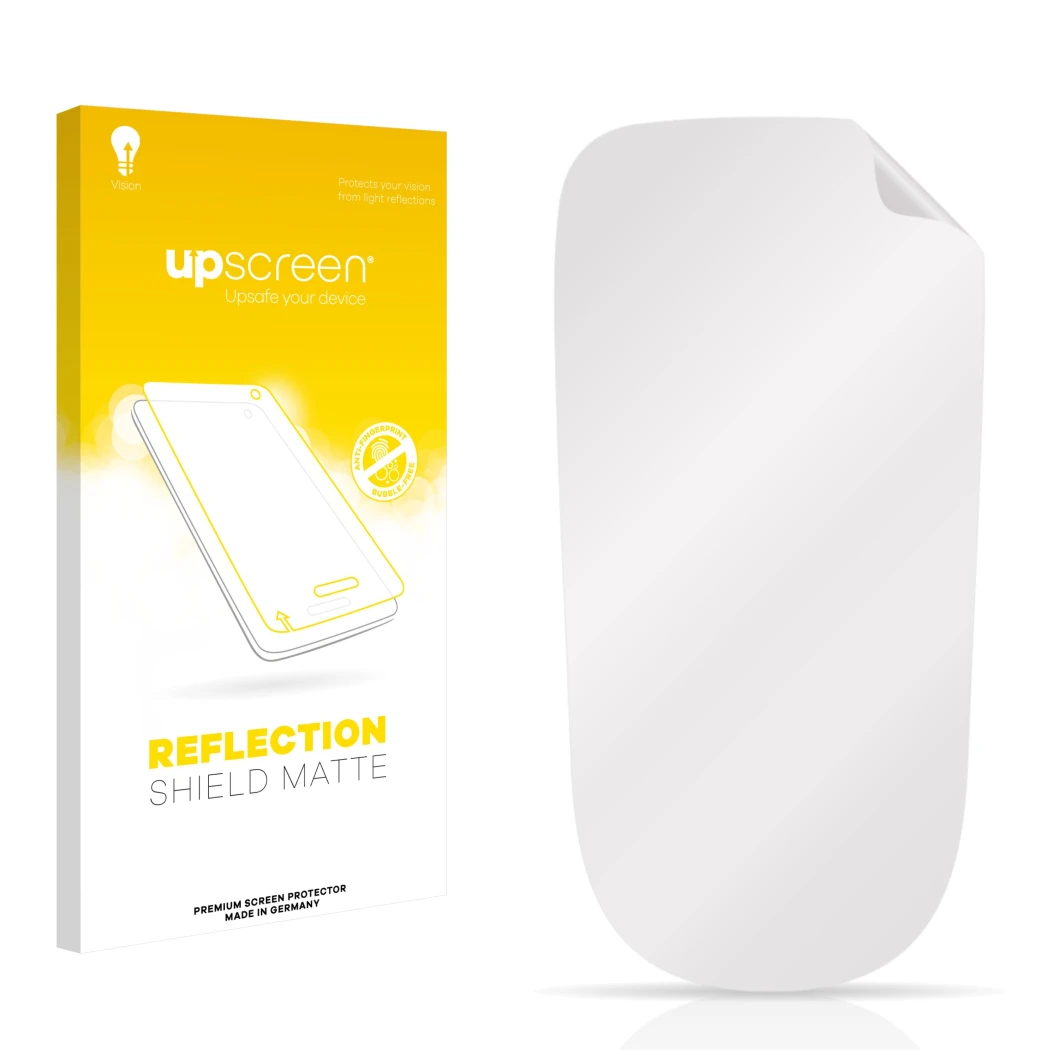 Face avant d’un emballage produit avec le logo de la marque upscreen. À côté se trouve la protection d’écran correspondante.