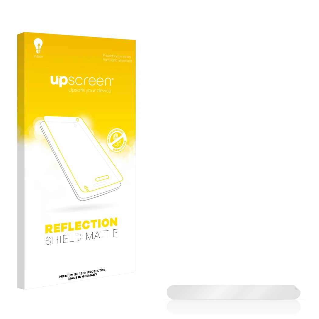 Face avant d’un emballage produit avec le logo de la marque upscreen. À côté se trouve la protection d’écran correspondante.